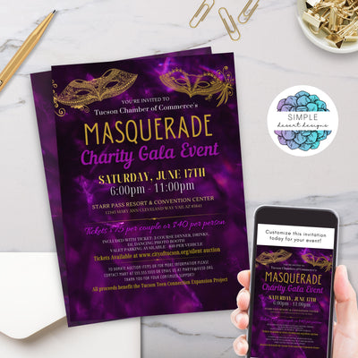 purple masquerade theme charity gala party invitations