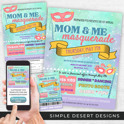 colorful kids masquerade party invitation flyers for school church event fundraiser with tickets social media post templates and pre order forms