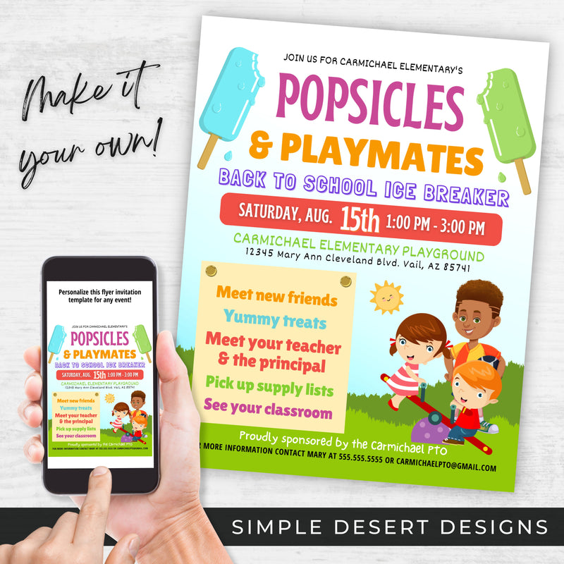 cute popsicles and playmates meet the teacher event invitation for classroom or school back to school event