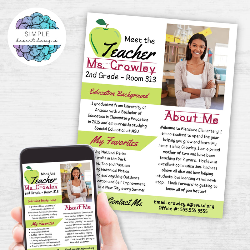 printable digital meet the teaher flyer with green apple