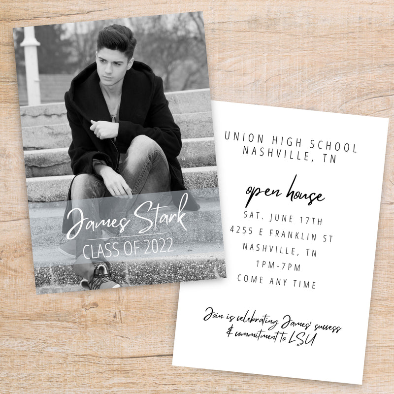 black and white one photo graduation open house party invitations