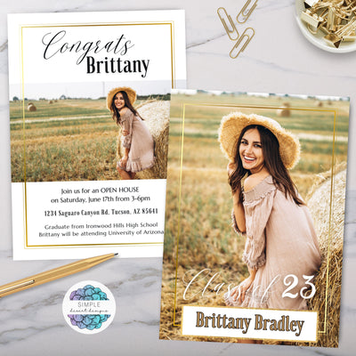 elegant modern gold graduation announcement invitation with 2 photos