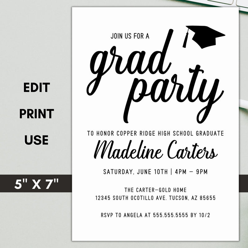 minimal black and white graduation invite templates for grad party