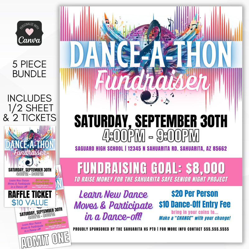 modern trendy danceathon fundraiser flyers and tickets for admission plus raffle ticket template