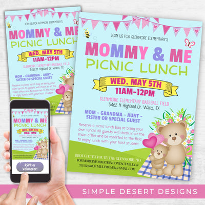 cute mommy and me picnic lunch or any event fundraiser invitation and flyer bundle for school church or community events