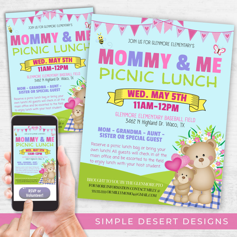 cute mommy and me picnic lunch or any event fundraiser invitation and flyer bundle for school church or community events