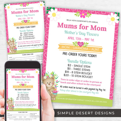 cute mums for mom flower sales fundraiser flyers bundle with sales log and digital plus printed pre order forms