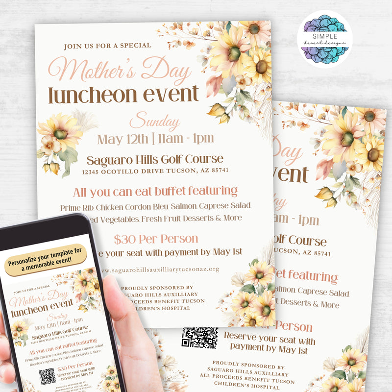 sunflower theme mothers day event flyer poster templates with and without qr code placeholder