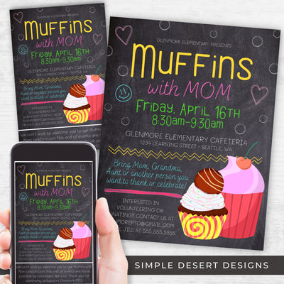 muffins with mom invitation flyers for school church or community parent engagement activity or mother's day event