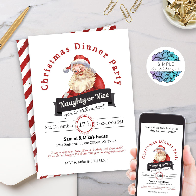 This trendy vintage naughty or nice Christmas party invitation is the perfect combination of classic retro and modern design! Personalize the text to read whatever you like in all parts of the invitation. Save and follow for more Christmas party invitations too!