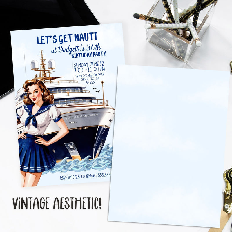 party boat invitation with brunette pin up girl