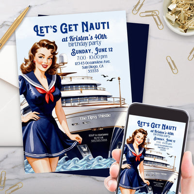 nautical birthday party invitations with vintage woman in blue dress with red scarf