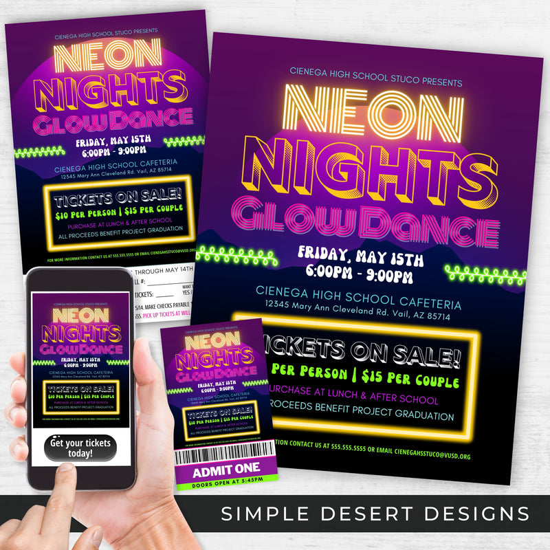 80s 90s decades dance throwback theme dance prom flyers ticket template bundle