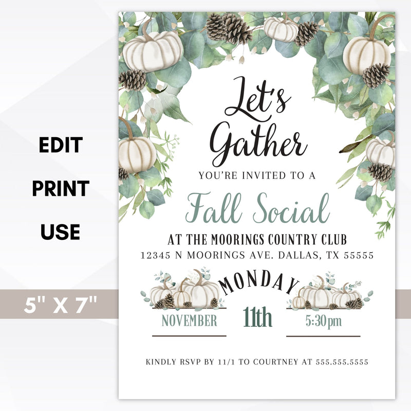 cream pumpkins and pinecones party invitation