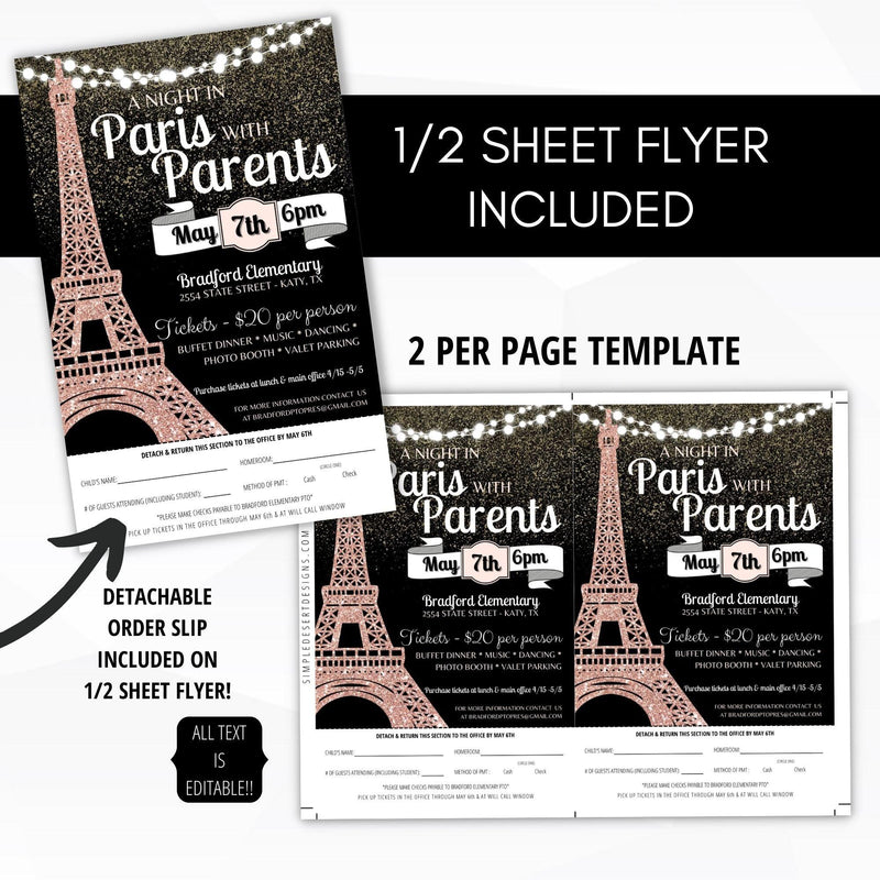 night in paris with parents parisian school dance themed flyer set editable template digital download