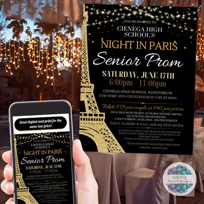 black and gold night in paris school dance prom flyers