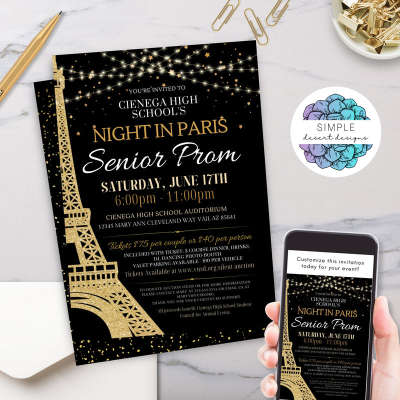 elegant black and gold night in paris parisian dance invitations