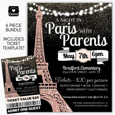 Parisian Night in Paris themed school dance prom flyer sign poster ticket template for school pto pta ptc church community fundraiser