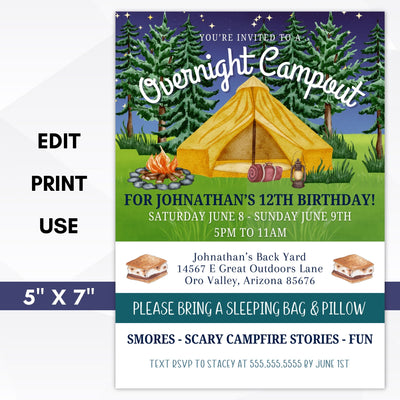 overnight campout party invitation for backyard party or backpacking adventure party