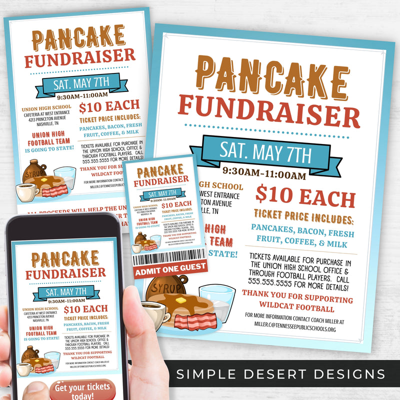 cute pancake breakfast fundraiser event flyers ticket template bundle for schools church sports team fundraising