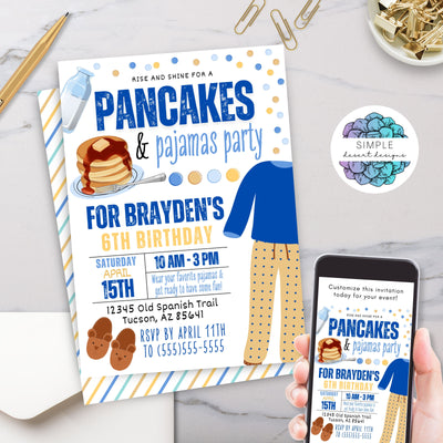 blue and yellow pancakes and pajamas birthday party invitation