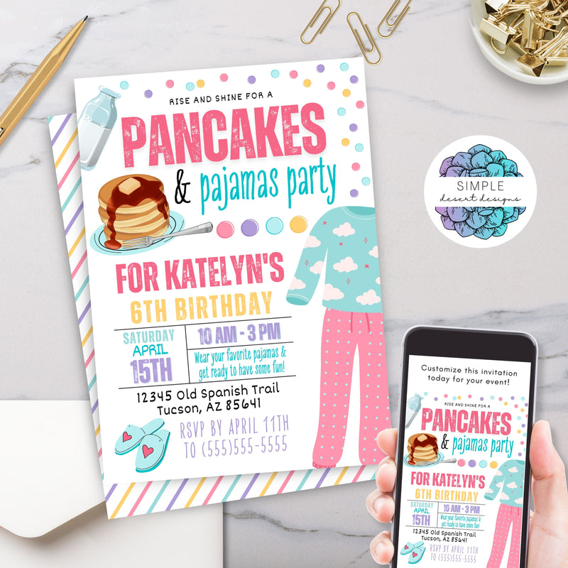 personalized pancakes and pajamas party invitation for girls birthday or special event