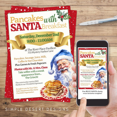 blue santa pancake breakfast invitations