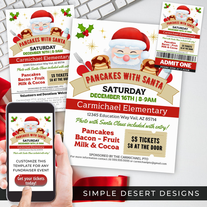 cute pancakes with santa flyers for school church or community fundraiser event with ticket templates volunteer flyers and social media templates