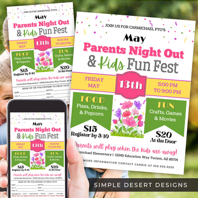 spring floral parents night out event flyers with digital and printable templates for school church community fundraising event