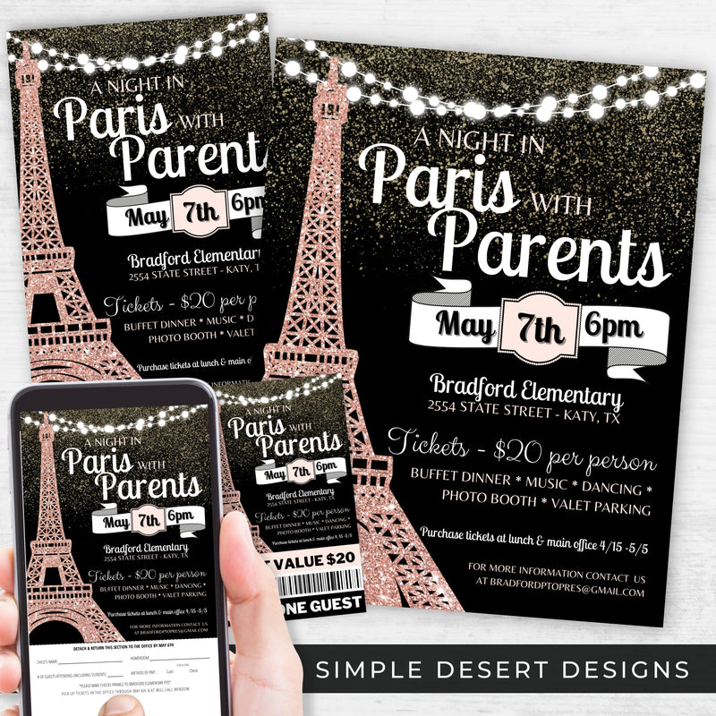 elegant black and pink night in paris theme school dance event flyers invitations ticket templates and pre order forms