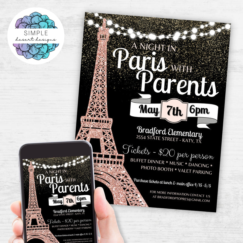 black and pink elegant night in paris flyers with personalized text and shimmering accents