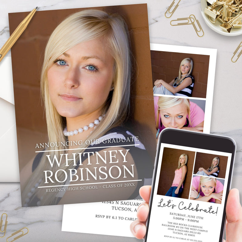 modern and trendy two sided graduation party invitation annoucnement with 4 photos