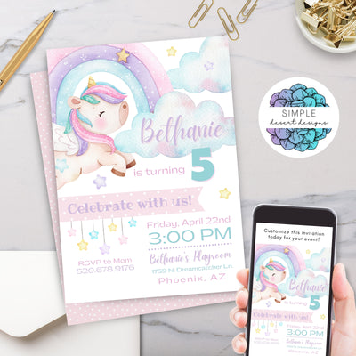 pastel pink purple aqua teal unicorn rainbow stars birthday party invitation for little girls birthday party