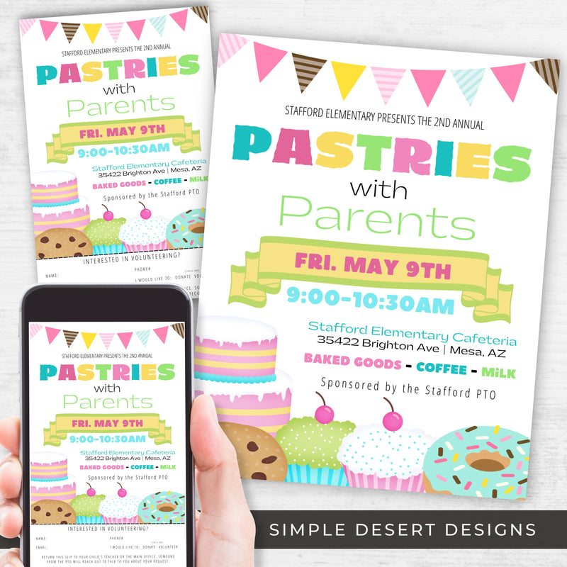 cute pastries with parents flyer for parent engagement activity for schools church community groups