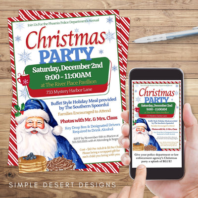 police department blue santa theme chirstmas party invitations