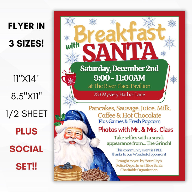 colorful blue santa flyers for breakfast charity event