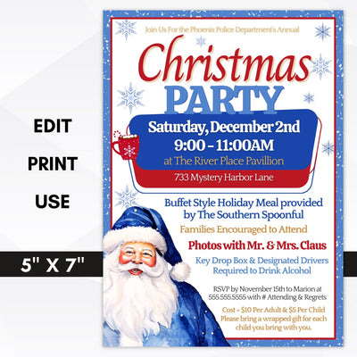 blue santa christmas party invitations