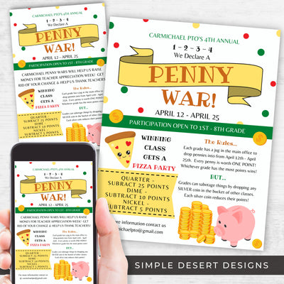 cute vintage style penny war fundraiser flyer with rules and customizable text