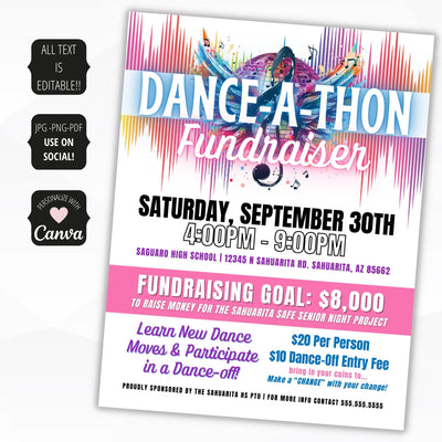 personalize the text on these dance-a-thon flyers for any dance fundraiser event