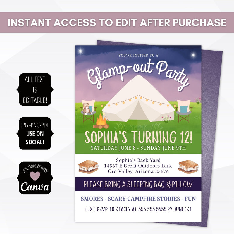 customizable girls camping party invitations