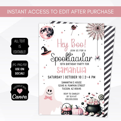 personalize the text on this pink and black halloween birthday party invitation for any event