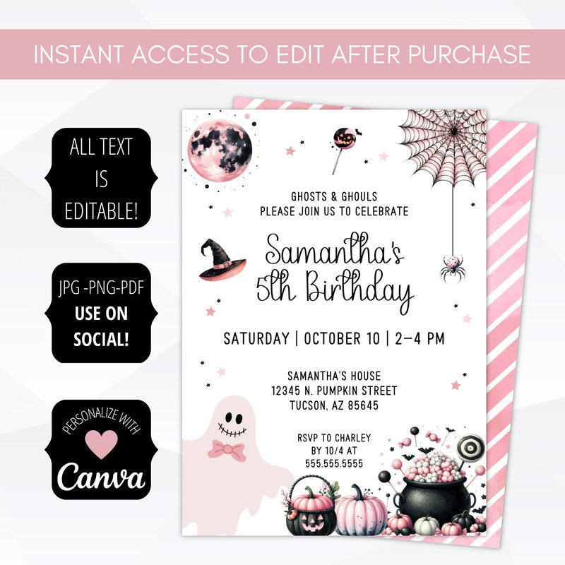 personalized halloween party invitations for pink theme party