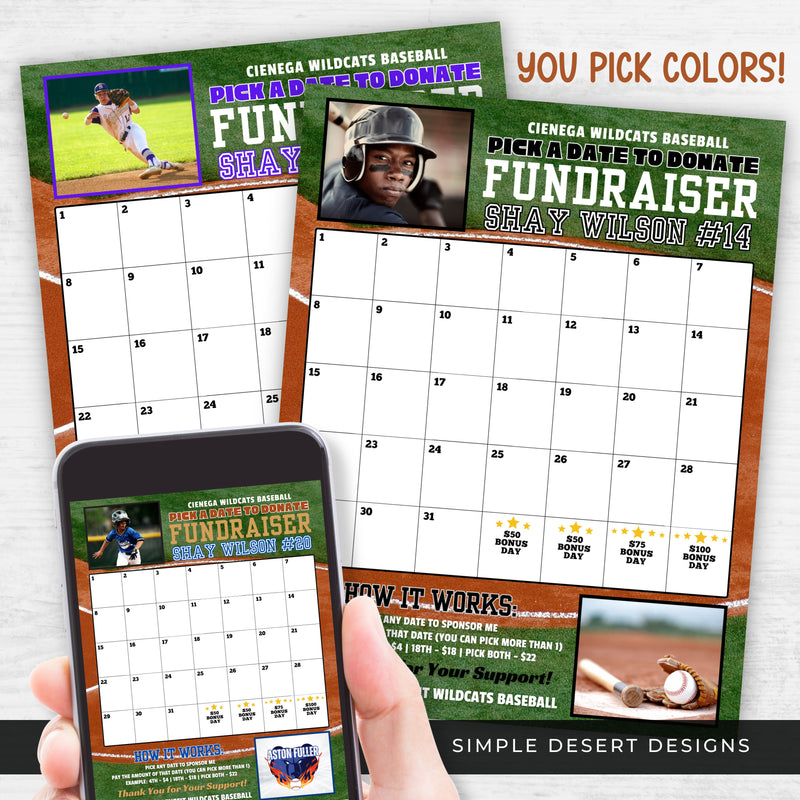 personalized calendar fundraiser template with 2 photo or logo spaces for baseball team or tournament fundraising sheets