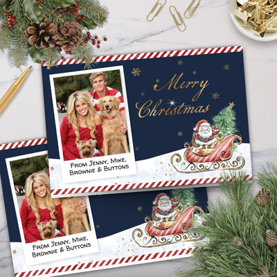 elegant photo merry christmas card with simple snapshot design and santa in his sleight with christmas tree and gold accents