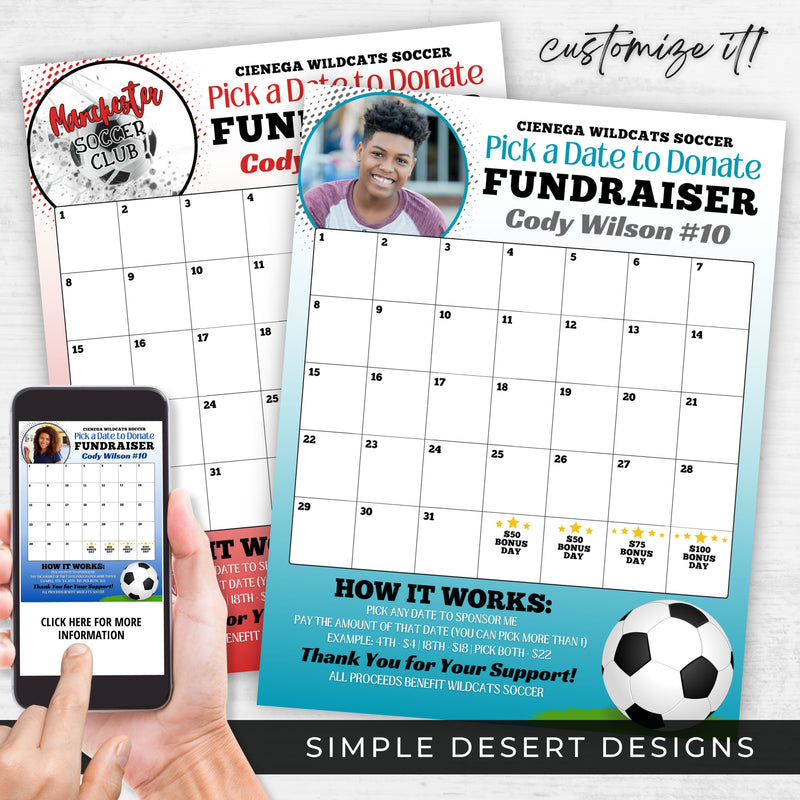 customizable soccer fundraising calendar with photo or logo space to duplicate for every athlete