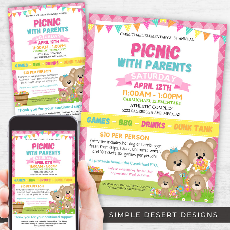 cute picnic with parents event flyers for school church community parent engagement activity