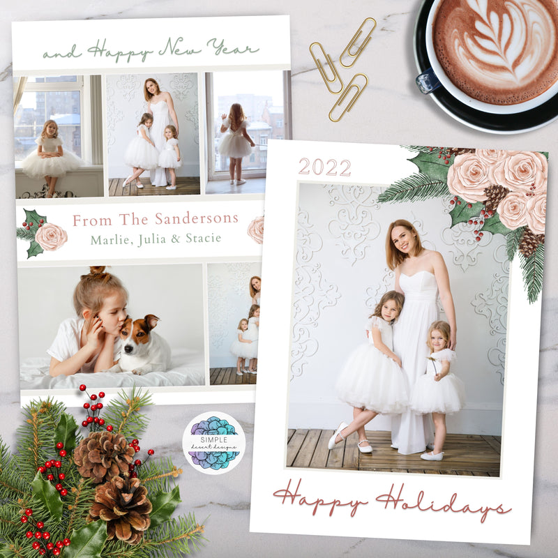 elegant pink floral christmas cards with photo collage and happy holidays personalized