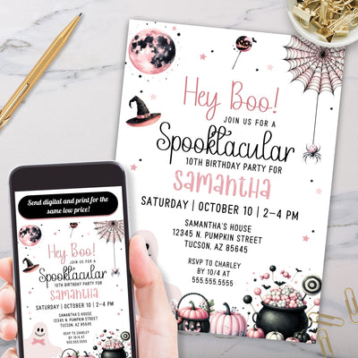 cute pink grey and black halloween theme birthday party invitation