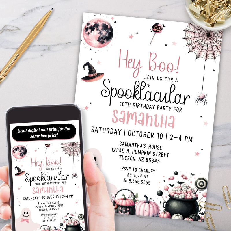 cute pink grey and black halloween theme birthday party invitation