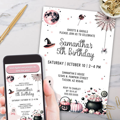 cute pink girls halloween theme party invitation for any age birthday or costume party